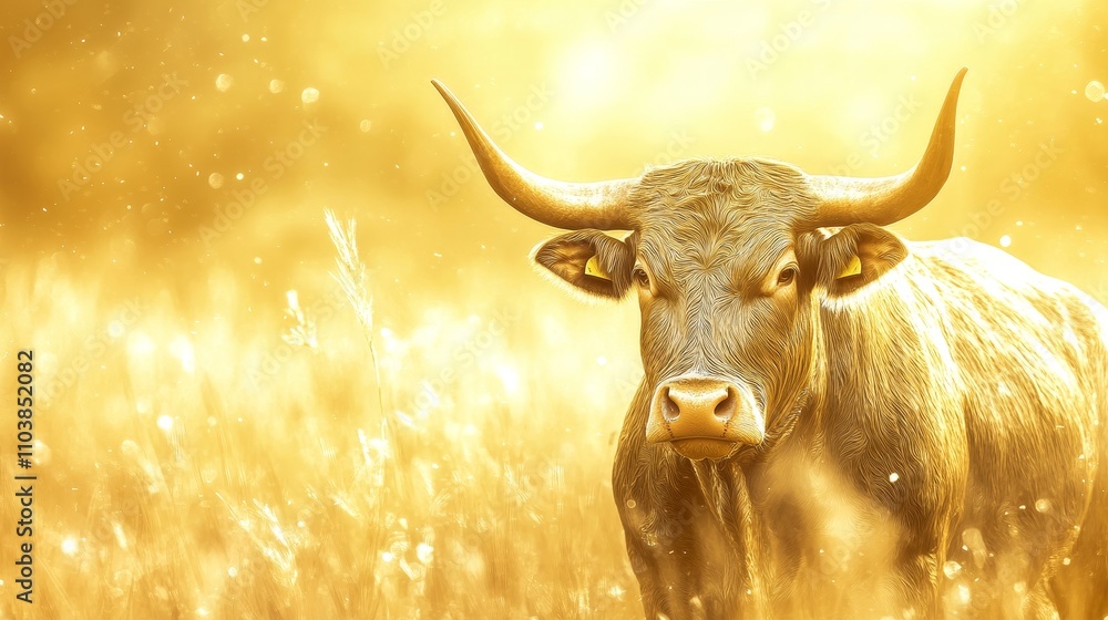 Majestic Golden Bull in Golden Field - Golden bull, serene, majestic, strength, prosperity. Symbol of wealth, power, and abundance in a sunlit field. Majestic Golden Bull in Golden Field - Golden bull, serene, majestic, strength, prosperity. Symbol of wealth, power, and abundance in a sunlit field.