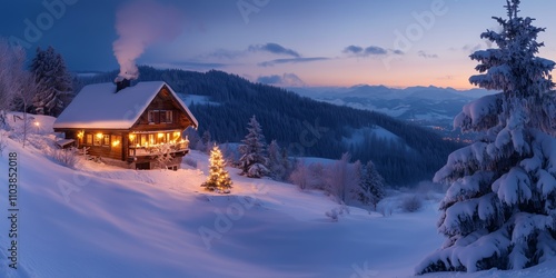 a christmas tree with candles stands in the snow next to a lonely romantically lit hut in mountains