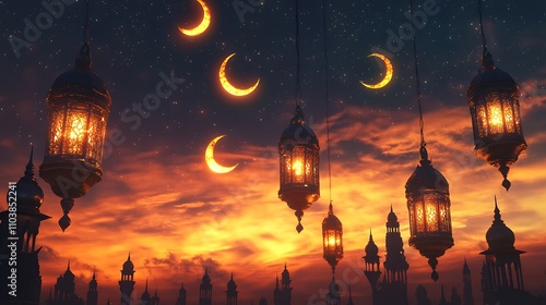 Illuminated lanterns and crescents adorn a vibrant sunset sky above a cityscape. photo