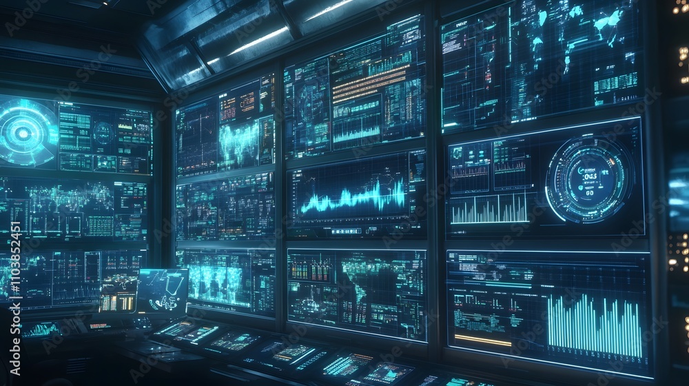 A high-tech control room monitoring peak energy use, with multiple screens displaying energy metrics, consumption data, and grid status A high-tech control room monitoring peak energy use, with multiple screens displaying energy metrics, consumption data, and grid status