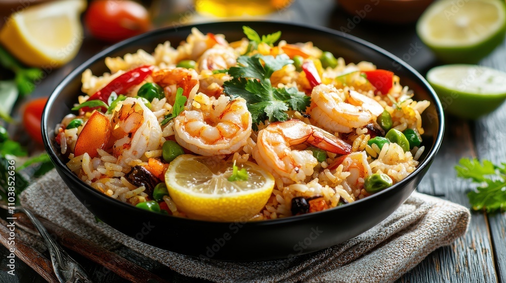 Bright and Colorful Bowl of Seafood Biryani with Fresh Garnishes Indian food cuisine Bright and Colorful Bowl of Seafood Biryani with Fresh Garnishes Indian food cuisine