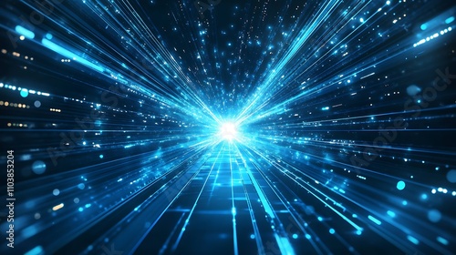 Abstract digital tunnel of glowing blue light streaks.