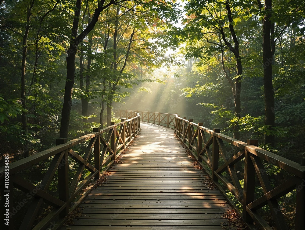 Obraz premium Beautiful wooden walkway amidst a dense forest, woodsy path, green canopy, outdoor scenery, wooden pathway, nature trail