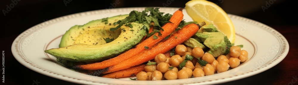 A healthy plate of avocado, carrots, chickpeas, and lemon, showcasing vibrant colors and nutrition. A healthy plate of avocado, carrots, chickpeas, and lemon, showcasing vibrant colors and nutrition.