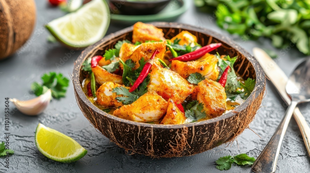 Vibrant Indian Fish Curry Served in Coconut Shell with Herbs Indian food cuisine Vibrant Indian Fish Curry Served in Coconut Shell with Herbs Indian food cuisine