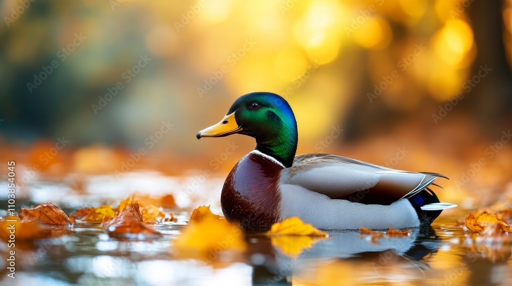 Obraz premium Mallard Duck in Autumn Leaves - Serene mallard duck swimming in autumnal water, surrounded by golden leaves. Symbolizes peace, nature, tranquility, fall, wildlife.