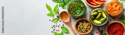 Traditional Indian Pickles in Jars with Fresh Ingredients Displayed Indian food cuisine