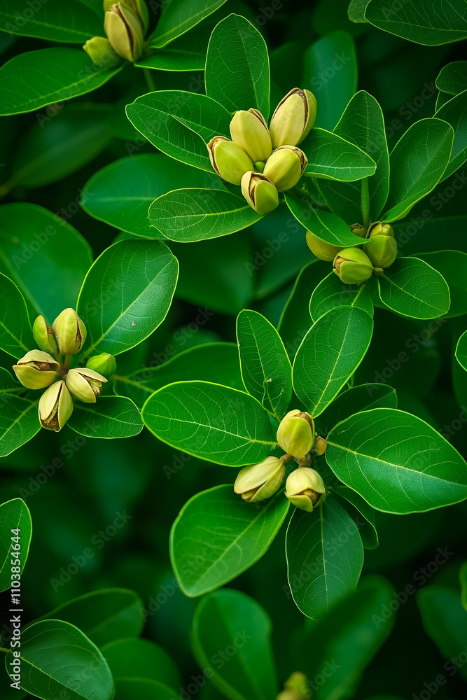 A bunch of green leaves and buds on a tree A bunch of green leaves and buds on a tree