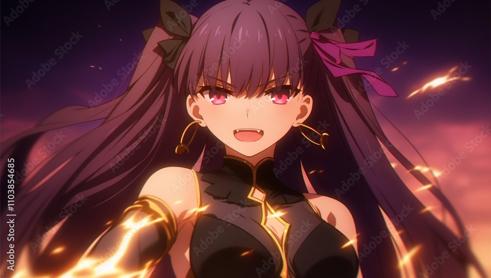 A character with long purple hair and a fierce expression, wielding energy. A character with long purple hair and a fierce expression, wielding energy.