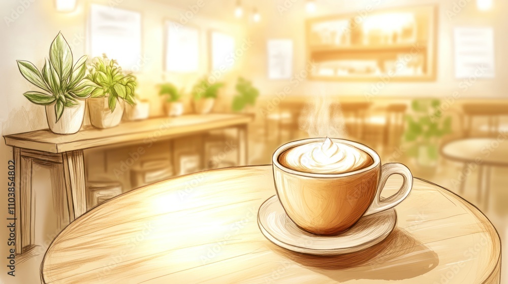 A warm cup of coffee on a wooden table in a cozy caf? setting. A warm cup of coffee on a wooden table in a cozy caf? setting.