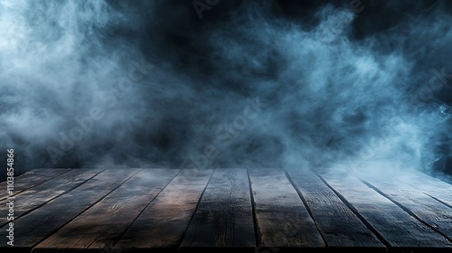 Moody wooden planks shrouded in ethereal blue mist. Perfect for Halloween or fantasy themes.