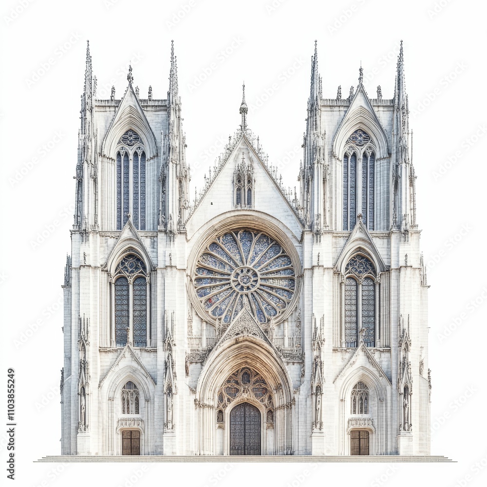 Ornate gothic cathedral facade, large rose window. Ornate gothic cathedral facade, large rose window.