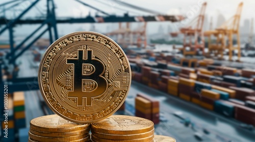 Global trade negotiations. Bitcoin coins in front of a shipping port and cargo containers. photo