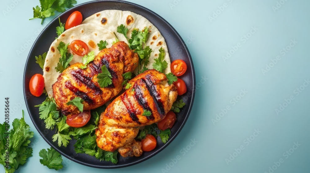 Grilled Chicken with Fresh Herbs and Cherry Tomatoes on Plate Indian food cuisine Grilled Chicken with Fresh Herbs and Cherry Tomatoes on Plate Indian food cuisine