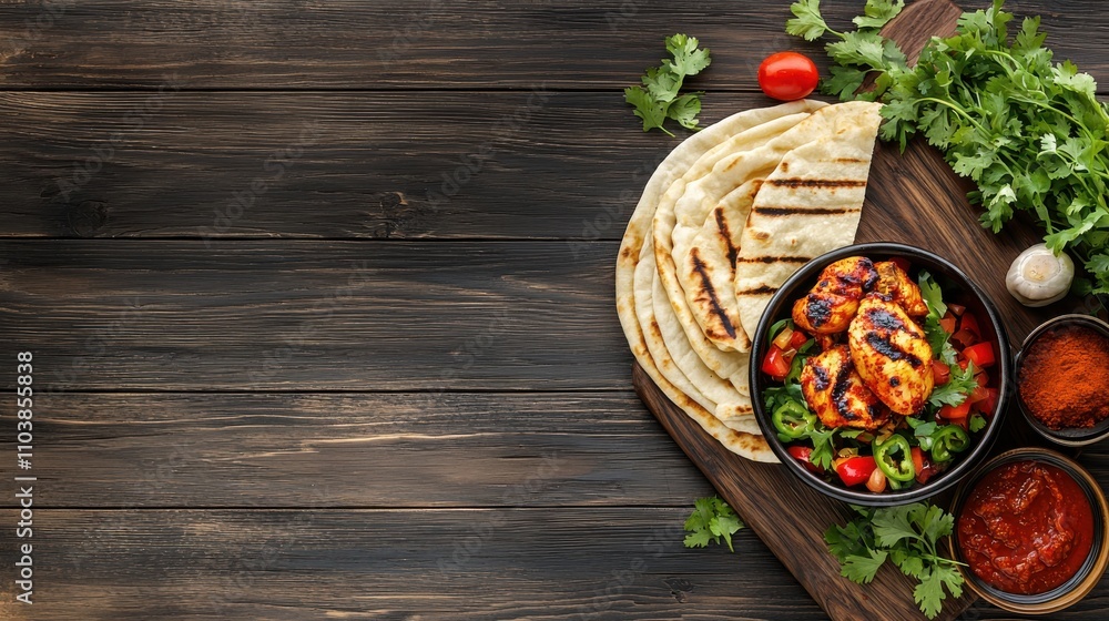 Grilled Chicken Meal with Flatbread and Fresh Vegetables on Wood Indian food cuisine Grilled Chicken Meal with Flatbread and Fresh Vegetables on Wood Indian food cuisine