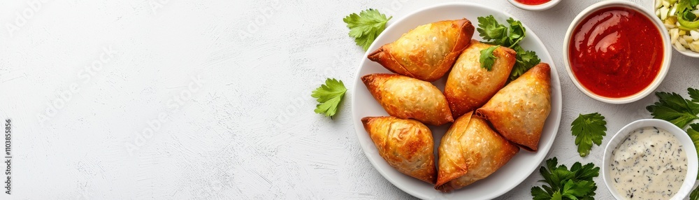 Golden Brown Savory Pastries Served with Dipping Sauces and Greens Indian food cuisine Golden Brown Savory Pastries Served with Dipping Sauces and Greens Indian food cuisine