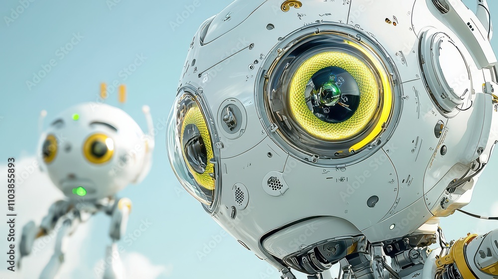 Closeup of an advanced robotic pet's face urban environment high-resolution image futuristic setting eye-level viewpoint technology and emotions Closeup of an advanced robotic pet's face urban environment high-resolution image futuristic setting eye-level viewpoint technology and emotions