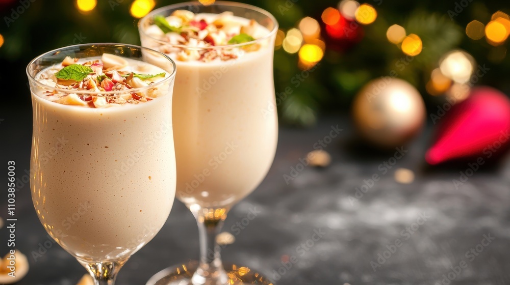 Creamy Eggnog with Nuts and Mint Garnish for Holiday Celebration Indian food cuisine Creamy Eggnog with Nuts and Mint Garnish for Holiday Celebration Indian food cuisine