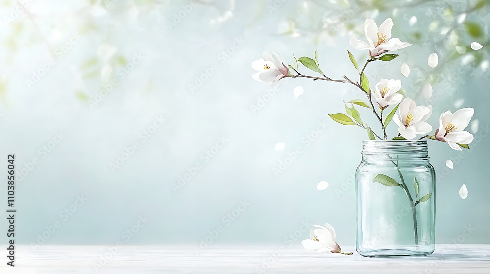 watercolor illustration of magnolia branch in glass jar, showcasing delicate white flowers and green leaves against soft, serene background watercolor illustration of magnolia branch in glass jar, showcasing delicate white flowers and green leaves against soft, serene background