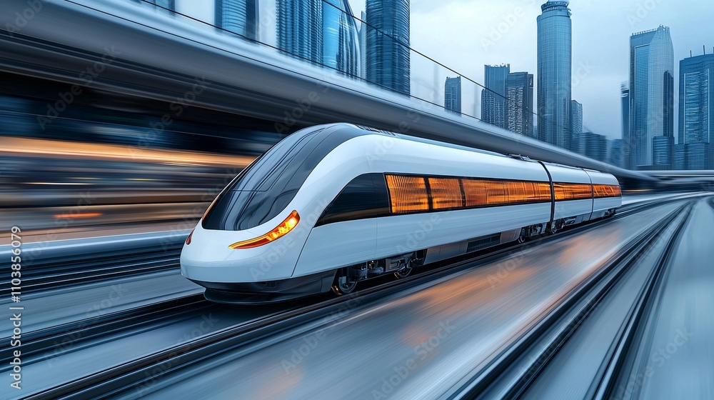A high-velocity hyperloop train reveals its might while zipping through a modern urban landscape. Stock. A high-velocity hyperloop train reveals its might while zipping through a modern urban landscape. Stock.