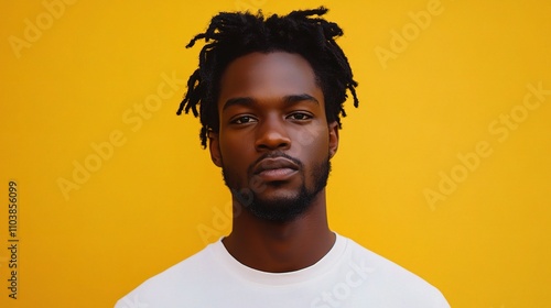 Confident Young Man with Dreadlocks Against a Bright Yellow Background