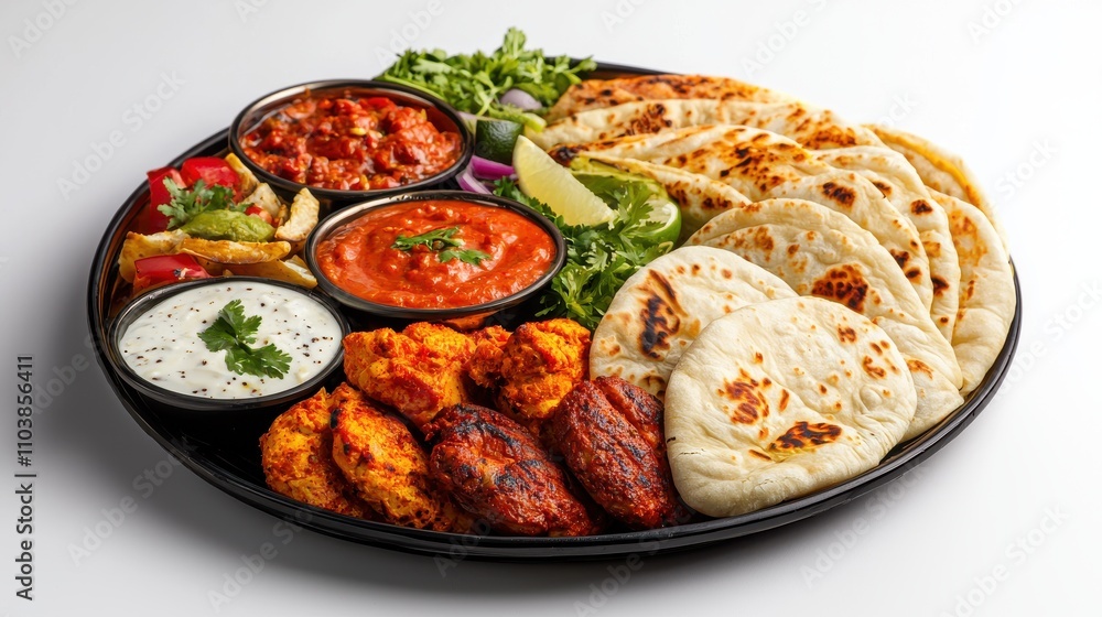 Colorful Indian Cuisine Platter with Varied Dishes and Bread Indian food cuisine Colorful Indian Cuisine Platter with Varied Dishes and Bread Indian food cuisine