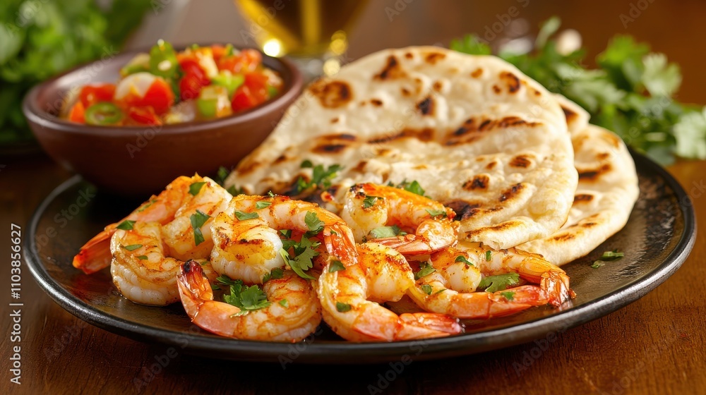 Grilled Shrimp with Fresh Salsa and Flatbread on Wooden Table Indian food cuisine Grilled Shrimp with Fresh Salsa and Flatbread on Wooden Table Indian food cuisine