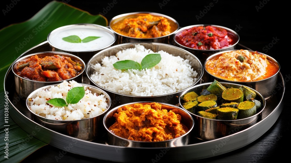 Authentic Indian Thali with Rice and Assorted Vegetable Curries India food cuisine Authentic Indian Thali with Rice and Assorted Vegetable Curries India food cuisine