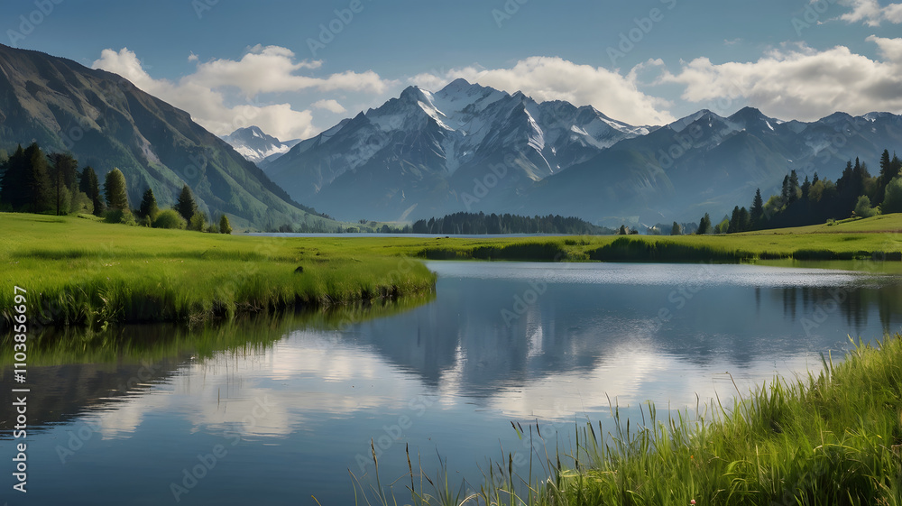 Fototapeta premium Mountain in morning light reflected in calm waters of lake