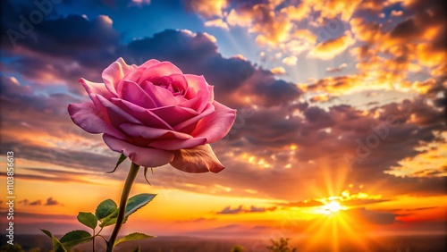 Stunning Silhouette of a Pink Rose Against a Vibrant Sunset Sky, Capturing the Essence of Nature's Beauty, Ideal for Home Decor and Floral Photography Lovers