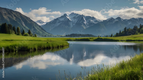 Mountain in morning light reflected in calm waters of lake