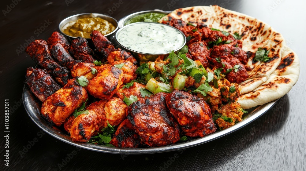 Flavorful Platter of Grilled Chicken with Sauces and Flatbread Indian food cuisine Flavorful Platter of Grilled Chicken with Sauces and Flatbread Indian food cuisine