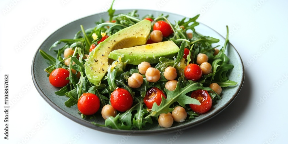 A colorful salad featuring arugula, cherry tomatoes, chickpeas, and avocado slices. A colorful salad featuring arugula, cherry tomatoes, chickpeas, and avocado slices.