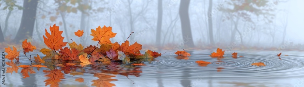 A serene scene of autumn leaves floating on water, surrounded by a misty forest atmosphere. A serene scene of autumn leaves floating on water, surrounded by a misty forest atmosphere.