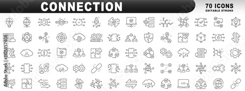 Big set of connection related line icons. Network, connect, team, link etc. Editable stroke
