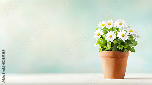 potted daisy plant with white flowers and green leaves in terracotta pot, set against soft, blurred background. This charming arrangement adds touch of nature to any space