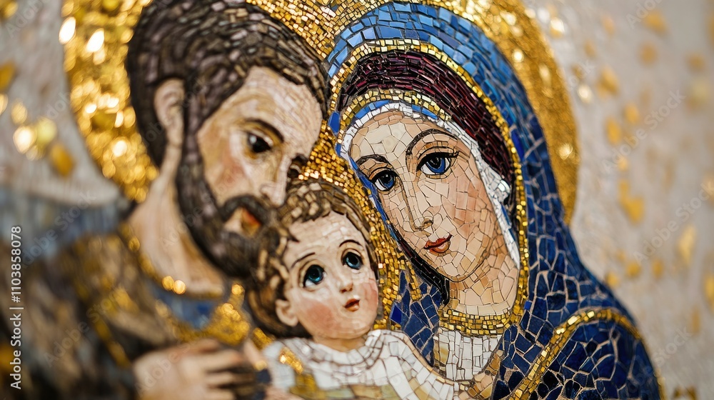 Obraz premium Close-up of a mosaic depicting the Holy Family, crafted with intricate details and golden accents