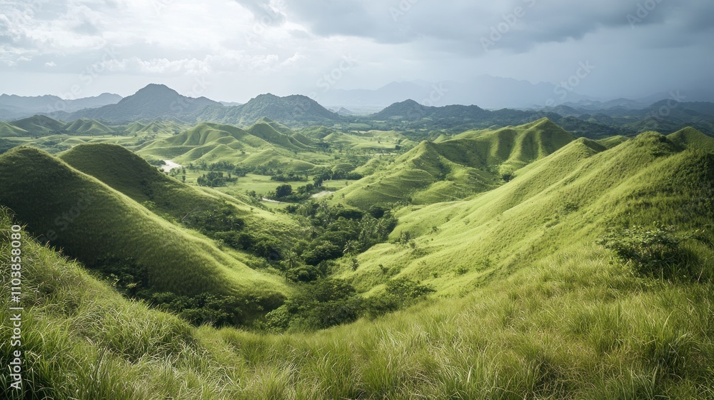 Fototapeta premium Lush Green Rolling Hills Under a Cloudy Sky