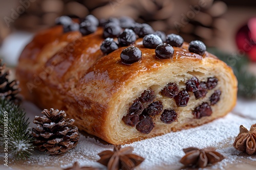 A festive pastry with chocolate filling, garnished with berries, surrounded by holiday decor.