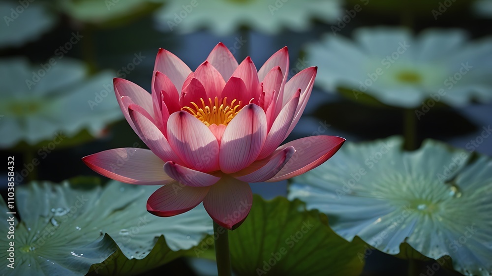 Pink Lotus Flower Blooms Among Green Lily Pads Pink Lotus Flower Blooms Among Green Lily Pads