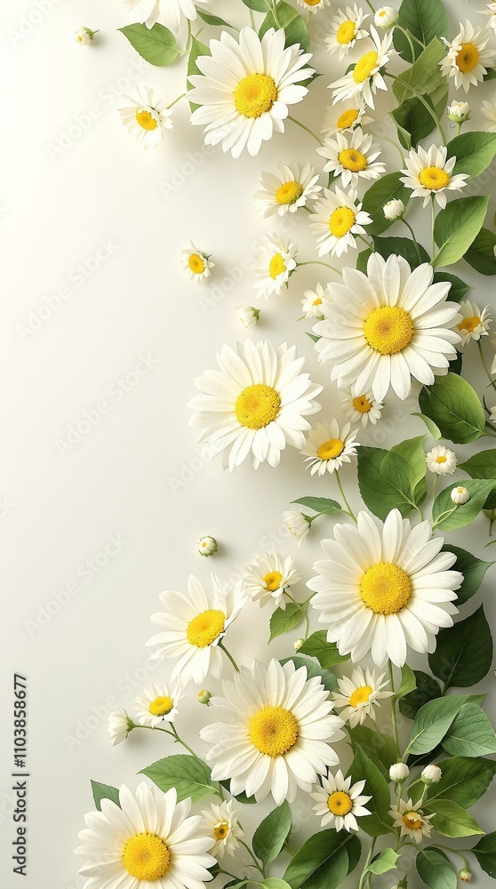 Fototapeta premium Botanical watercolor daisies with green leaves, isolated, flora