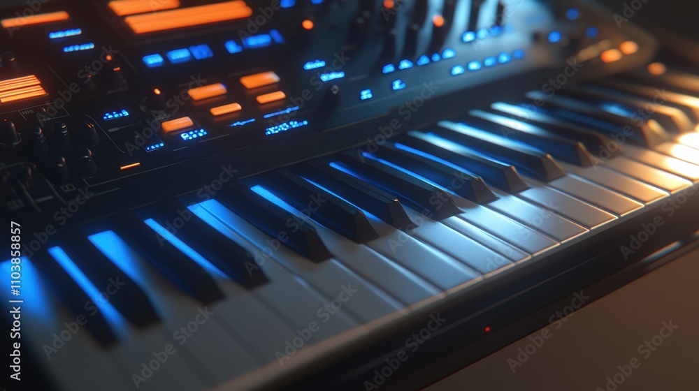 Illuminated synthesizer keyboard close-up. Illuminated synthesizer keyboard close-up.