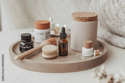 Wooden tray with skincare bottles, dropper, brush, and cork lid container