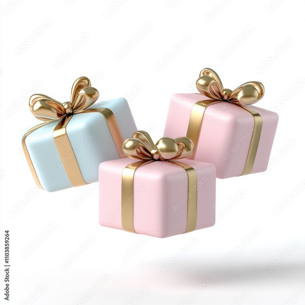Obraz premium 3D Stylish pastel gift boxes with golden bows, perfect for holiday, birthday, or celebration themes. Ideal for social media, advertising, or branding. 
