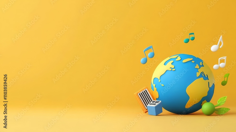 Global Music Earth Harmony 3D Render Yellow Background Minimalist Design Corporate Branding Global Music Earth Harmony 3D Render Yellow Background Minimalist Design Corporate Branding