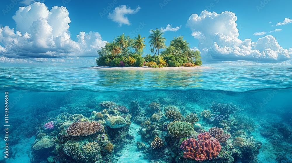 Fototapeta premium island and underwater views with beautiful coral reefs