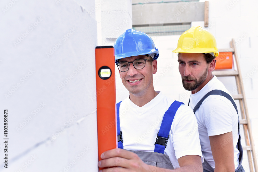 teamwork on the building site - construction workers build a family home teamwork on the building site - construction workers build a family home