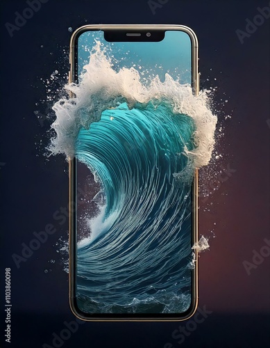 sea wave waves getting out of a phone screen smart gsm digital illustration  3d pop out pop-out effect illusion coming going popping 