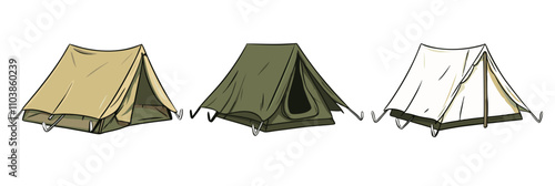 Camping tents collection, three different styles, colors beige, green, white, outdoor equipment, camping gear, vector illustration, isolated, flat