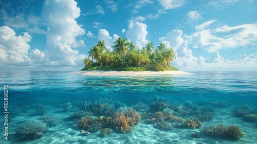 island and underwater views with beautiful coral reefs